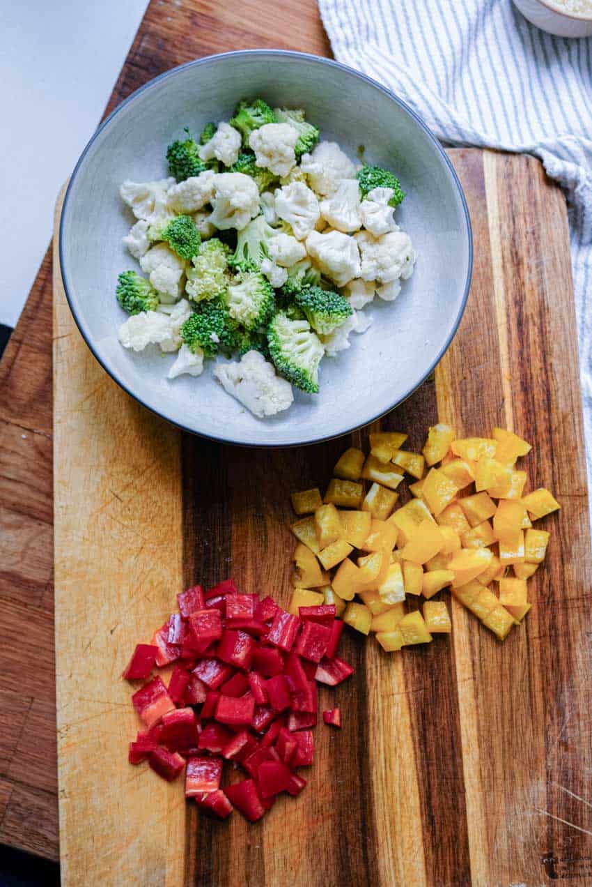 diced peppers cauliflower broccoli