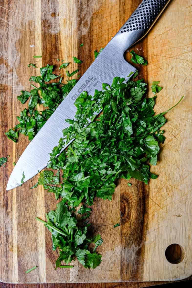 finely dicing cilantro