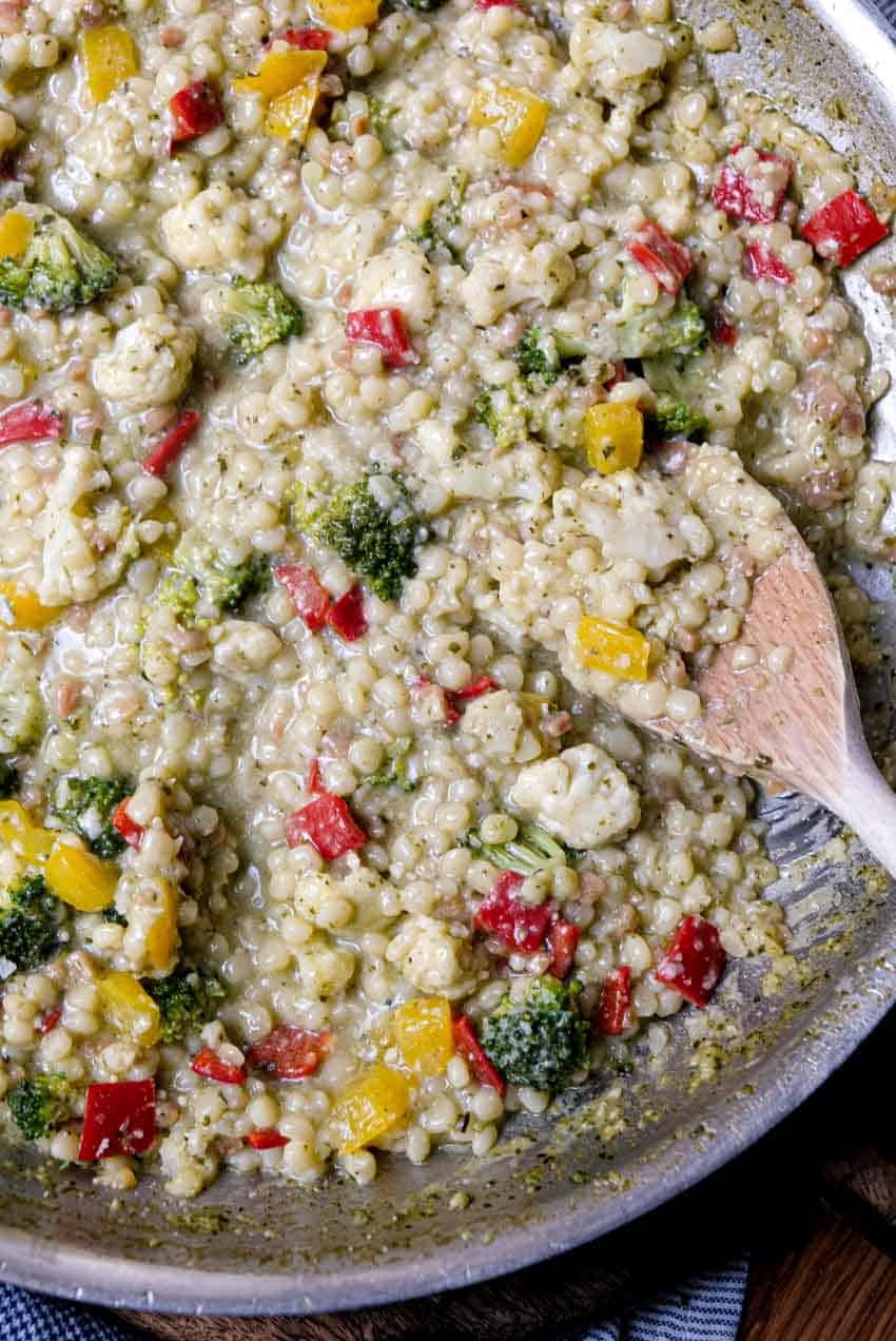 fregula with pesto close up