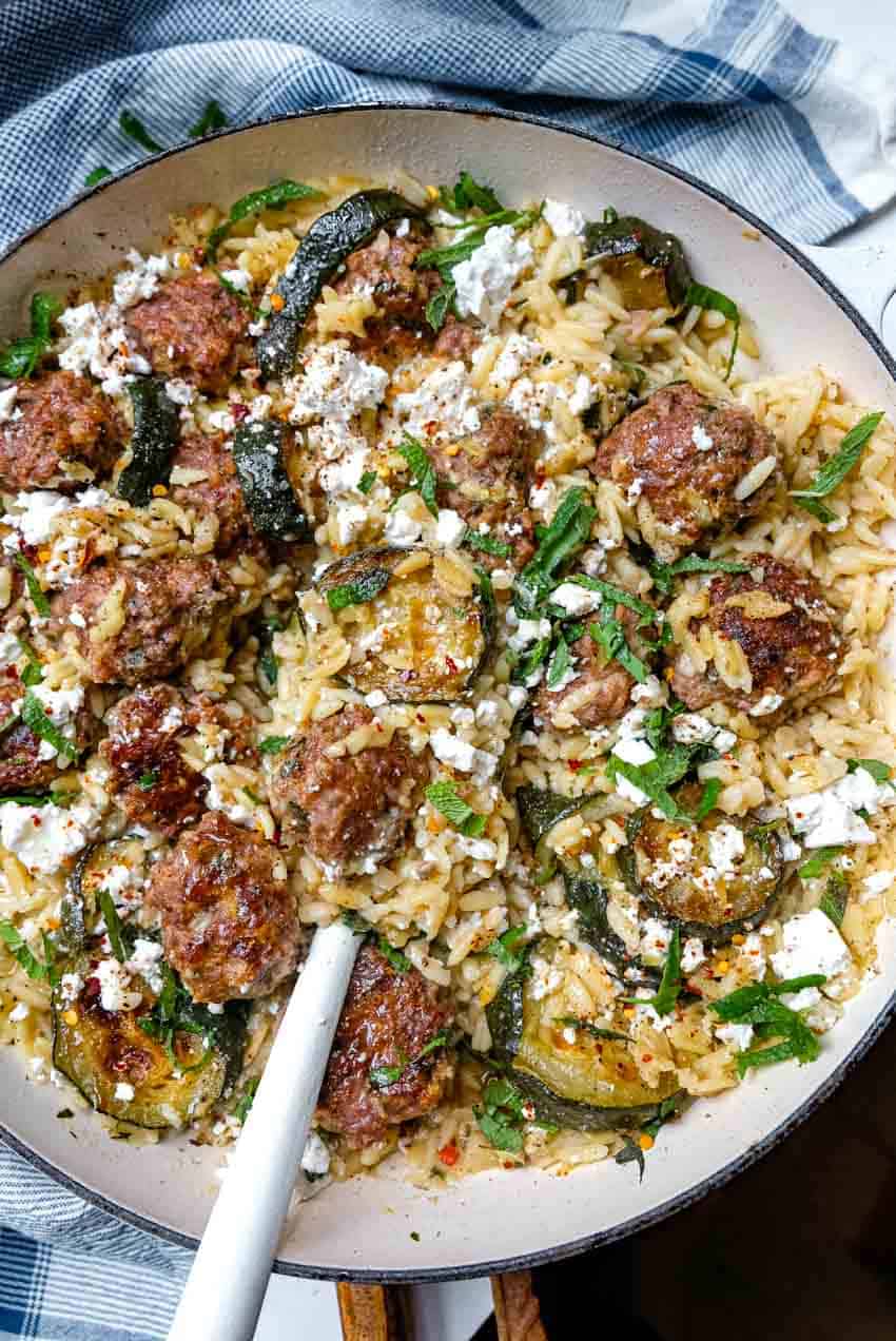 herby meatballs zucchini feta orzo