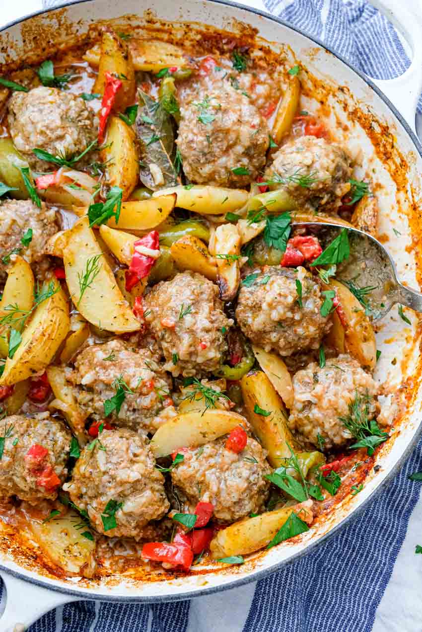 rice meatballs potatoes peppers with fresh herbs