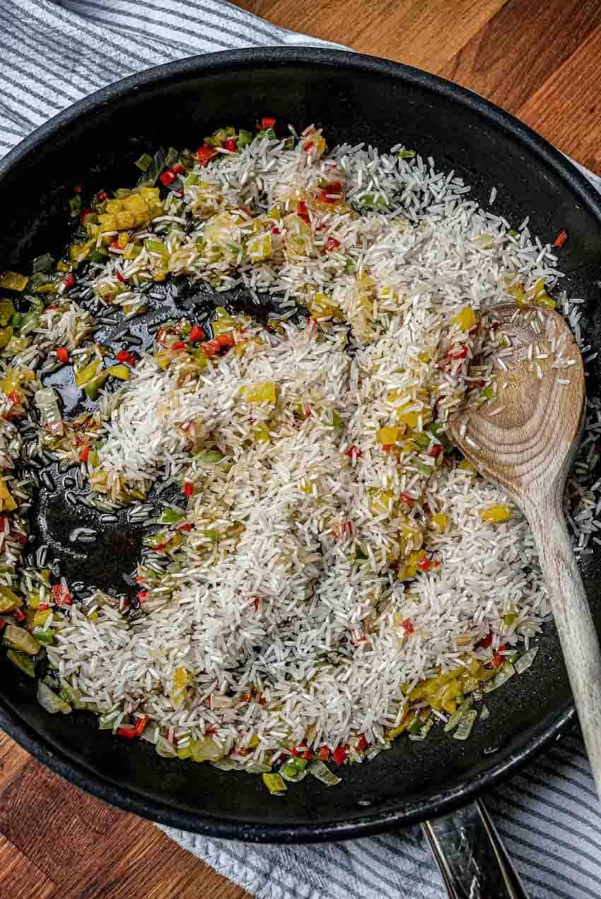 toasting rice for mexican rice