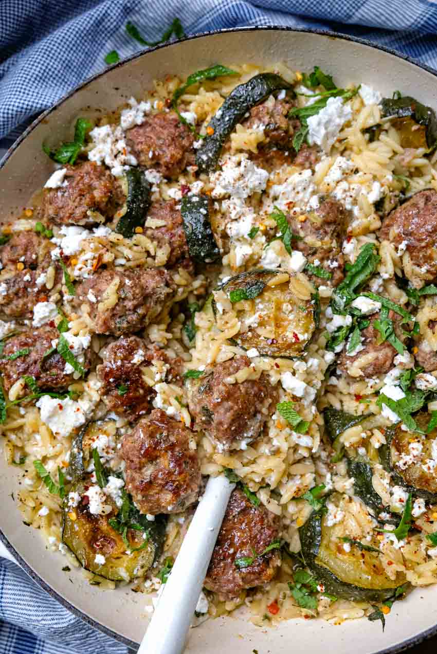 zucchini feta orzo with herby meatballs