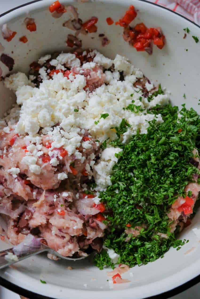 feta and parsley in chicken patties