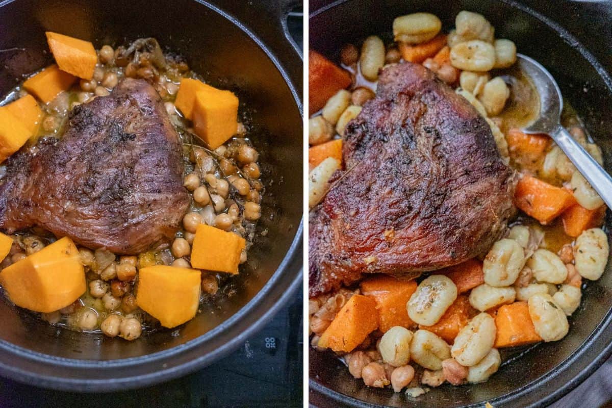 adding pumpkin and gnocchi to pulled pork