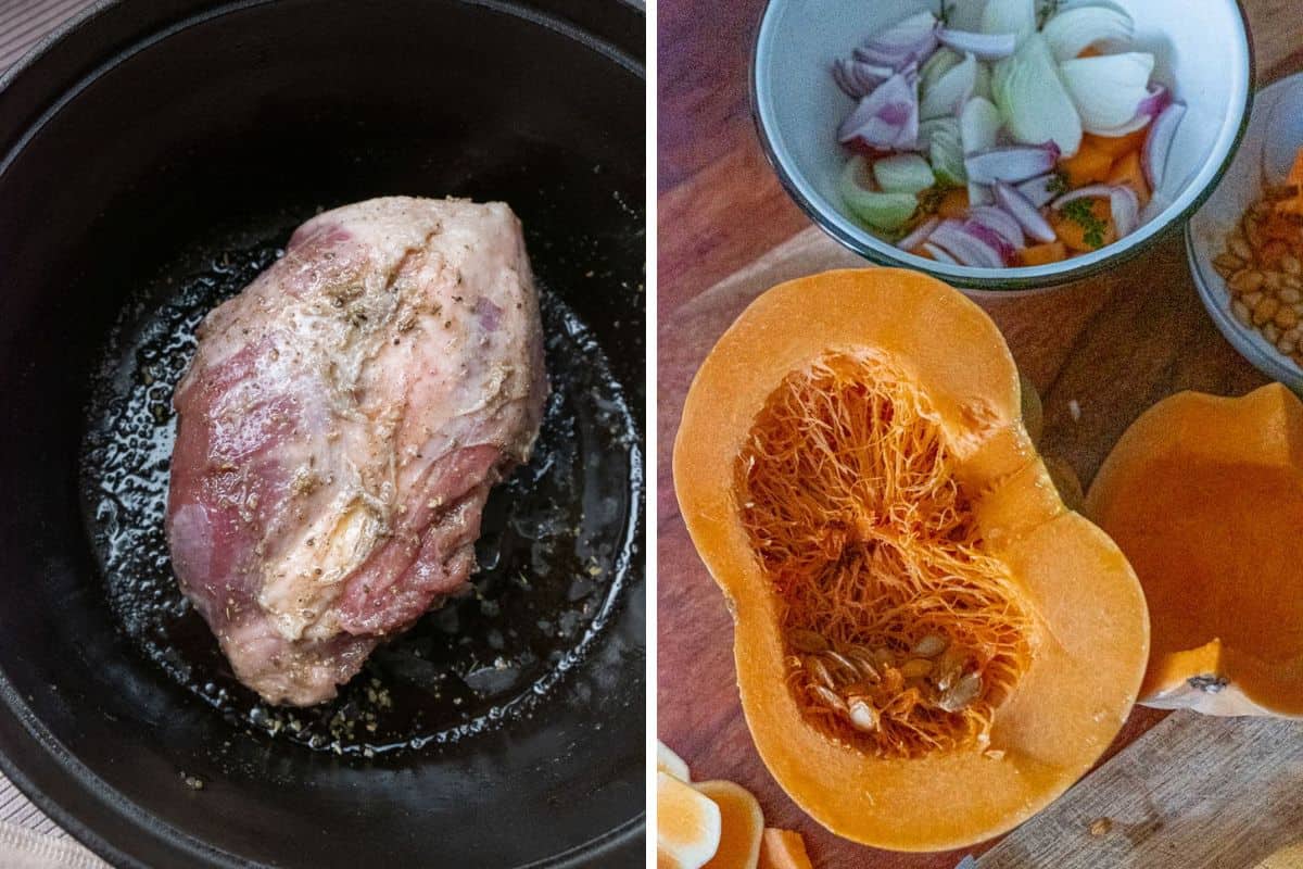 initial prep of pumpkin and pork