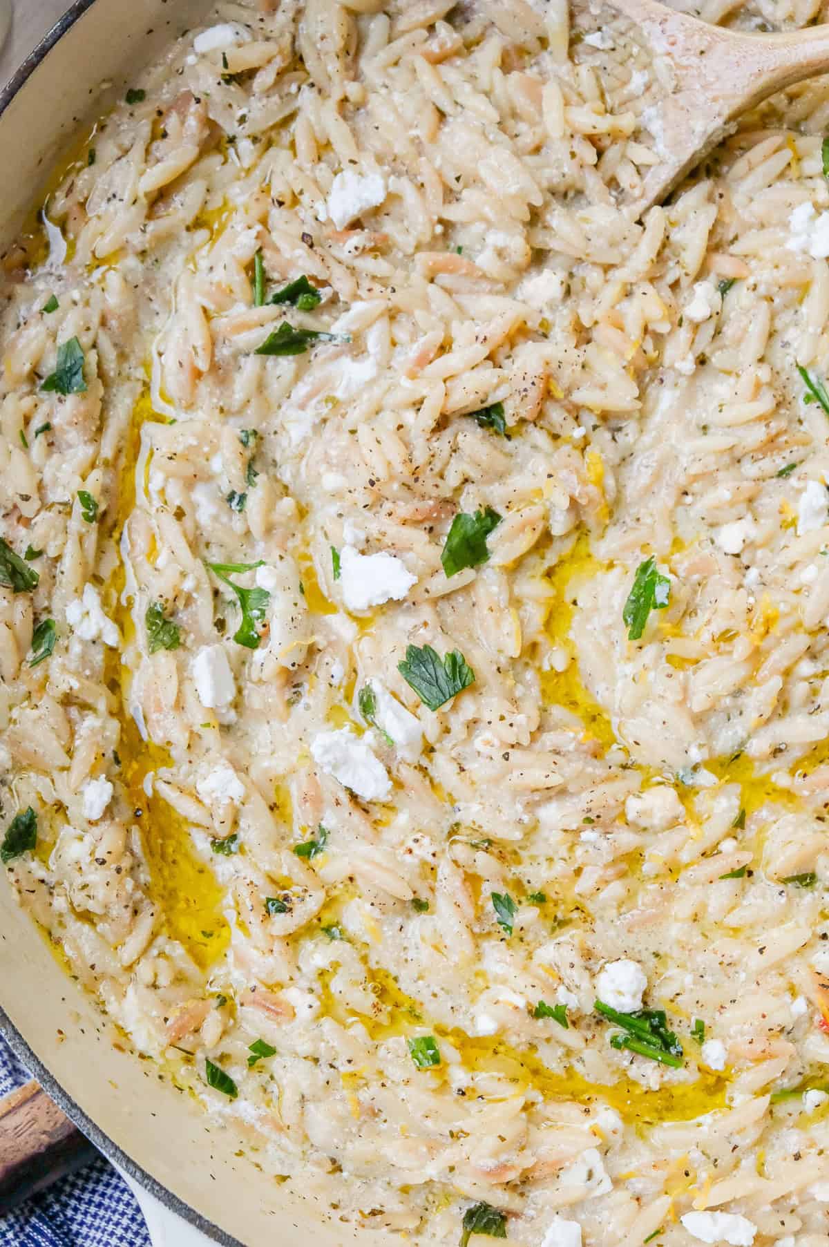 lemon feta orzo close up