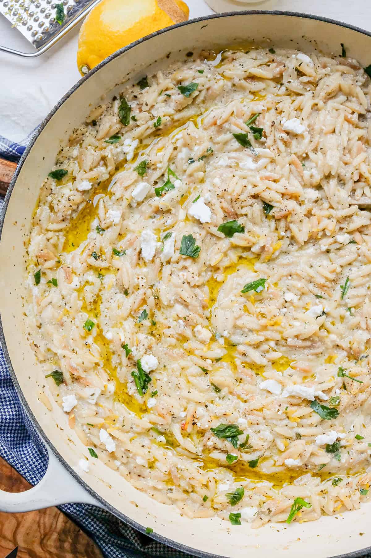 lemony orzo with feta crumble