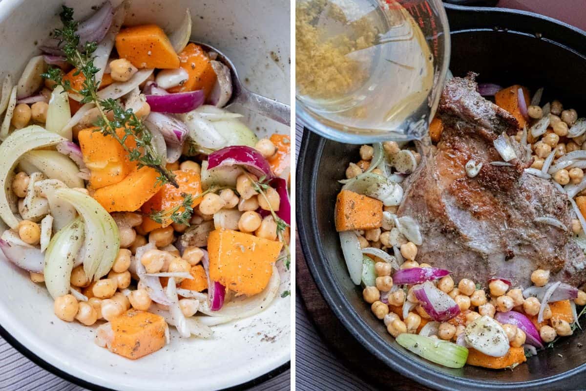 prepping aromatics and pumpkin for pork braise