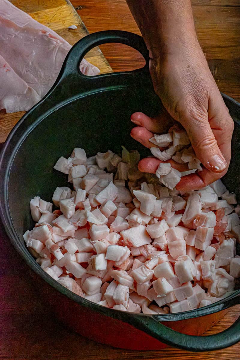 adding pork fat cubes to pan