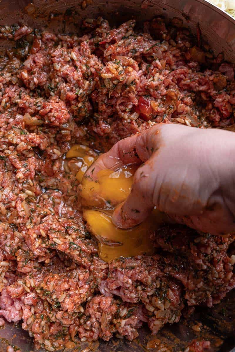 mixing egg into meat mix for varza