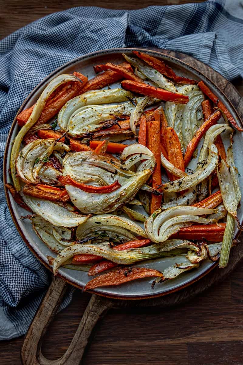 roast carrots and fennel darker background