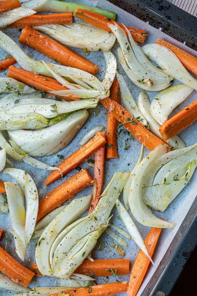 sheet pan with cut fennel and carrot